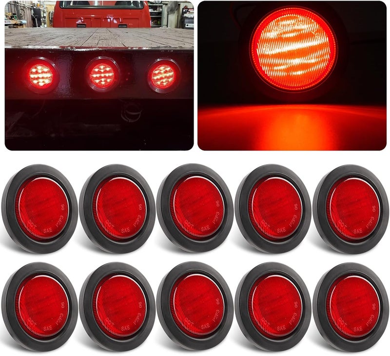 Partswcgg 2.5" Round Led Marker Lights Red, 10Pcs 2.5" Inch Round Led Side Clearance Marker Lights 13 LED Sealed Flush Mount w/Rubber Grommets and 2 Prong Trailer Wire Pigtails Waterproof 12V for Truck Trailer - Image 1